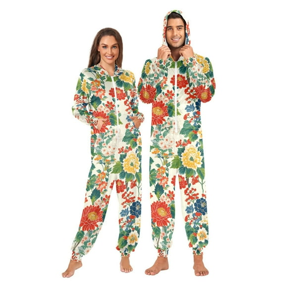 FORMRS Onesies Pajama for Adults Unisex Hoodie Winter Jumpsuit One Piece Sleepwear, Sizes S-2XL, Colorful Flowers Pattern