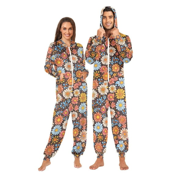 FORMRS Onesies Pajama for Adults Unisex Hoodie Winter Jumpsuit One Piece Sleepwear, Sizes S-2XL, Colorful Flowers