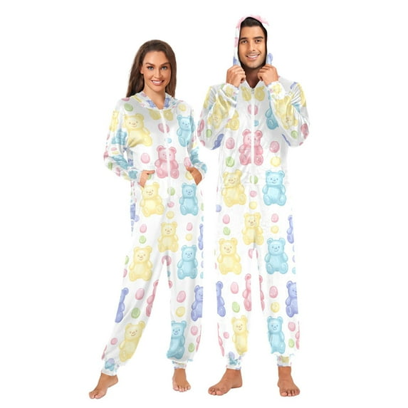 FORMRS Onesies Pajama for Adults Unisex Hoodie Winter Jumpsuit One Piece Sleepwear, Sizes S-2XL, Colorful Gummy Bears Pattern