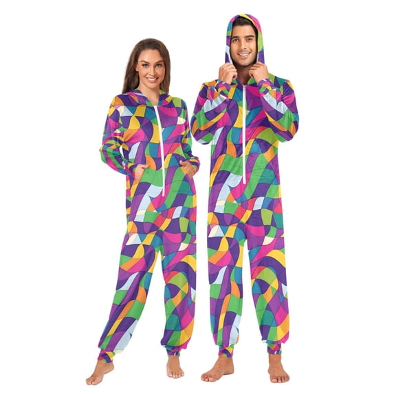 FORMRS Onesies Pajama for Adults Unisex Hoodie Winter Jumpsuit One Piece Sleepwear, Sizes S-2XL, Colorful Plaid
