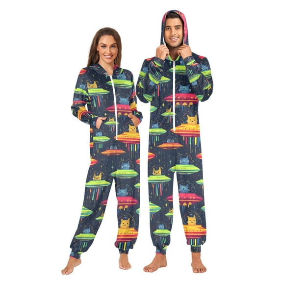 FORMRS Onesies Pajama for Adults Unisex Hoodie Winter Jumpsuit One Piece Sleepwear, Sizes S-2XL, Colorful Space Cat
