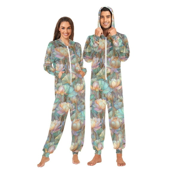 FORMRS Onesies Pajama for Adults Unisex Hoodie Winter Jumpsuit One Piece Sleepwear, Sizes S-2XL, Colorful Water Lilies Pattern