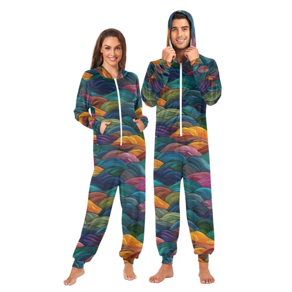 FORMRS Onesies Pajama for Adults Unisex Hoodie Winter Jumpsuit One Piece Sleepwear, Sizes S-2XL, Colorful Waves Pattern
