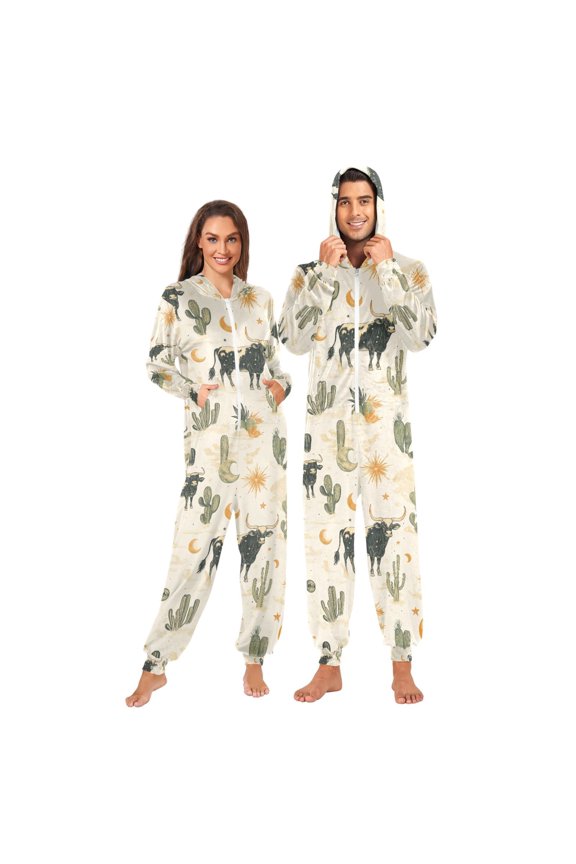 Onesies Pajama for Adults Unisex Hoodie Winter Jumpsuit One Piece Sleepwear, Sizes S-2XL, Cowboy Pattern