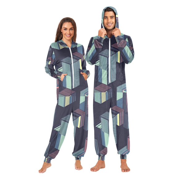 FORMRS Onesies Pajama for Adults Unisex Hoodie Winter Jumpsuit One Piece Sleepwear, Sizes S-2XL, Cube Stripes