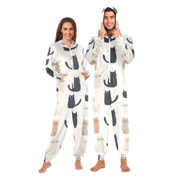 FORMRS Onesies Pajama for Adults Unisex Hoodie Winter Jumpsuit One Piece Sleepwear, Sizes S-2XL, Cute Cartoon Cats