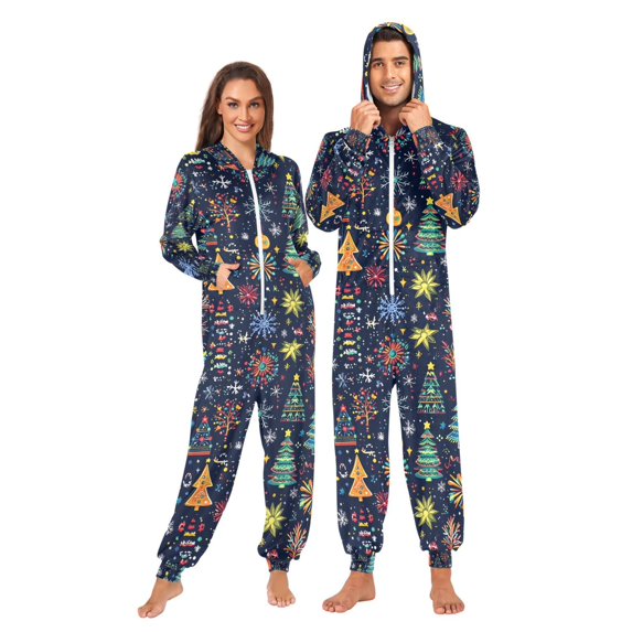 FORMRS Onesies Pajama for Adults Unisex Hoodie Winter Jumpsuit One Piece Sleepwear, Sizes S-2XL, Dark Blue Christmas