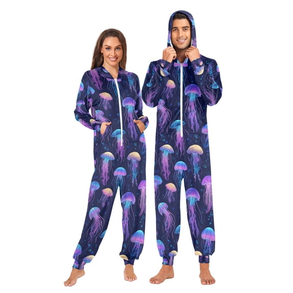 FORMRS Onesies Pajama for Adults Unisex Hoodie Winter Jumpsuit One Piece Sleepwear, Sizes S-2XL, Dark Blue Jellyfish Pattern
