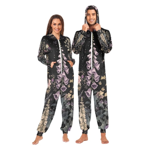 FORMRS Onesies Pajama for Adults Unisex Hoodie Winter Jumpsuit One Piece Sleepwear, Sizes S-2XL, Dark Flowers Pattern