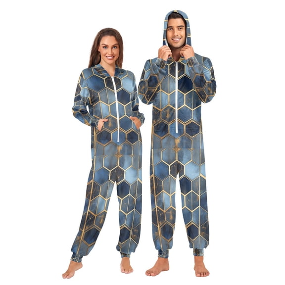 FORMRS Onesies Pajama for Adults Unisex Hoodie Winter Jumpsuit One Piece Sleepwear, Sizes S-2XL, Elegant Hexagon Pattern