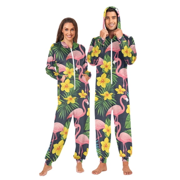 FORMRS Onesies Pajama for Adults Unisex Hoodie Winter Jumpsuit One Piece Sleepwear, Sizes S-2XL, Flamingo Pattern