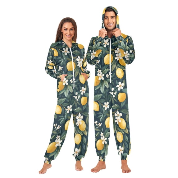 FORMRS Onesies Pajama for Adults Unisex Hoodie Winter Jumpsuit One Piece Sleepwear, Sizes S-2XL, Floral Lemons