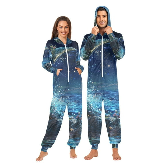 FORMRS Onesies Pajama for Adults Unisex Hoodie Winter Jumpsuit One Piece Sleepwear, Sizes S-2XL, Floral Occean