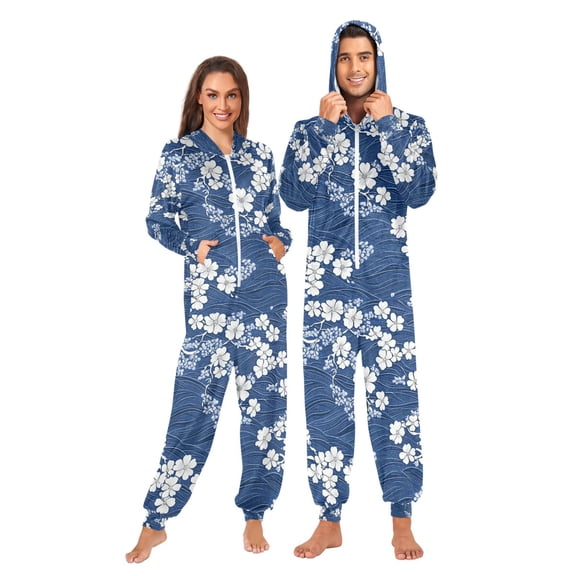 FORMRS Onesies Pajama for Adults Unisex Hoodie Winter Jumpsuit One Piece Sleepwear, Sizes S-2XL, Floral Ocean Waves