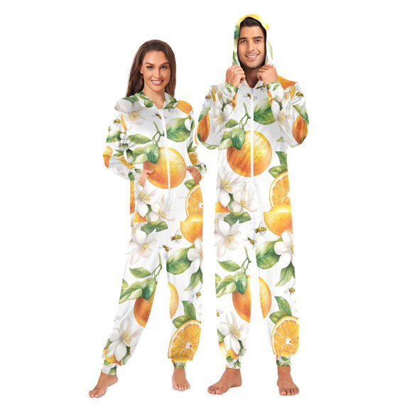 FORMRS Onesies Pajama for Adults Unisex Hoodie Winter Jumpsuit One Piece Sleepwear, Sizes S-2XL, Floral Watercolor Oranges