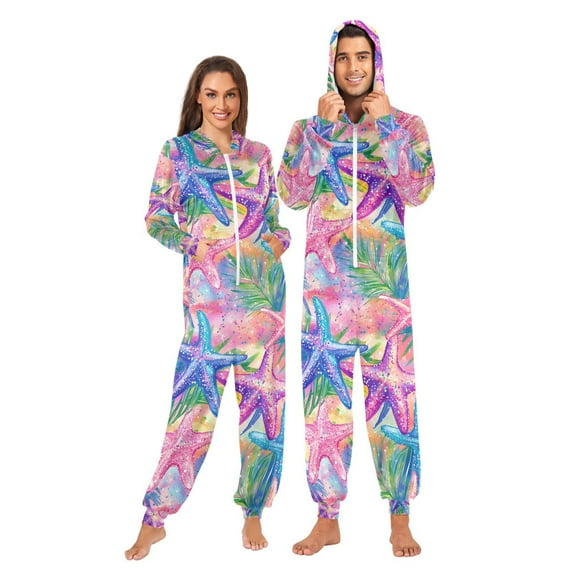 FORMRS Onesies Pajama for Adults Unisex Hoodie Winter Jumpsuit One Piece Sleepwear, Sizes S-2XL, Gradient Starfish Pattern