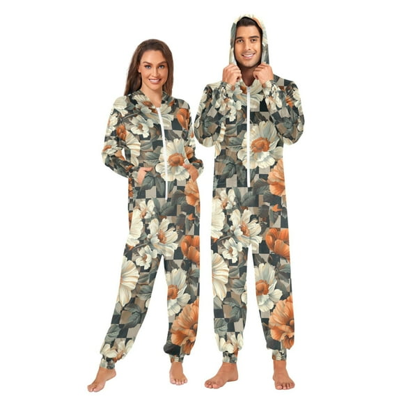 FORMRS Onesies Pajama for Adults Unisex Hoodie Winter Jumpsuit One Piece Sleepwear, Sizes S-2XL, Gray Floral Pattern