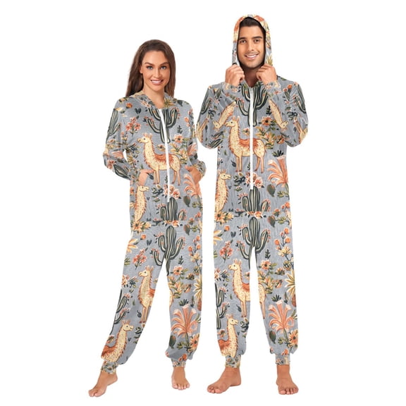 FORMRS Onesies Pajama for Adults Unisex Hoodie Winter Jumpsuit One Piece Sleepwear, Sizes S-2XL, Gray Llama Pattern