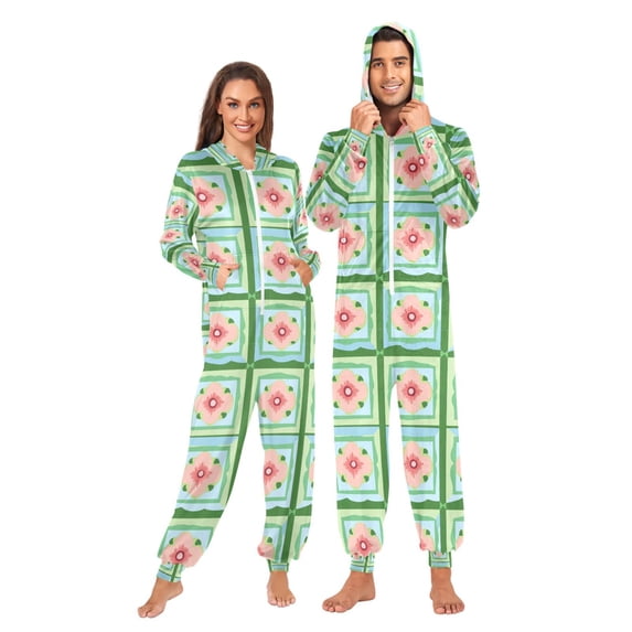 FORMRS Onesies Pajama for Adults Unisex Hoodie Winter Jumpsuit One Piece Sleepwear, Sizes S-2XL, Green Blossom Mosaic
