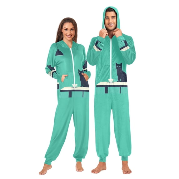 FORMRS Onesies Pajama for Adults Unisex Hoodie Winter Jumpsuit One Piece Sleepwear, Sizes S-2XL, Green Cat
