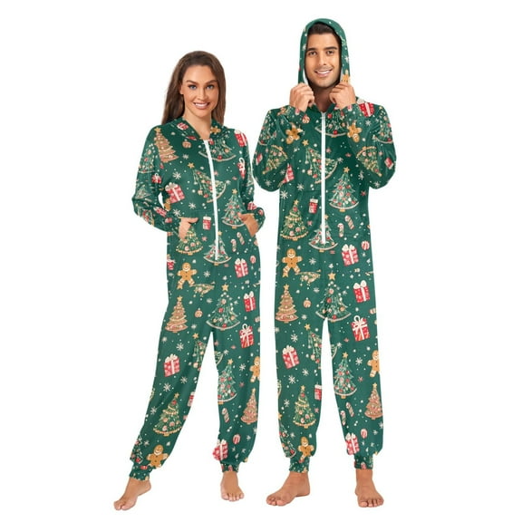 FORMRS Onesies Pajama for Adults Unisex Hoodie Winter Jumpsuit One Piece Sleepwear, Sizes S-2XL, Green Christmas Gingerbread