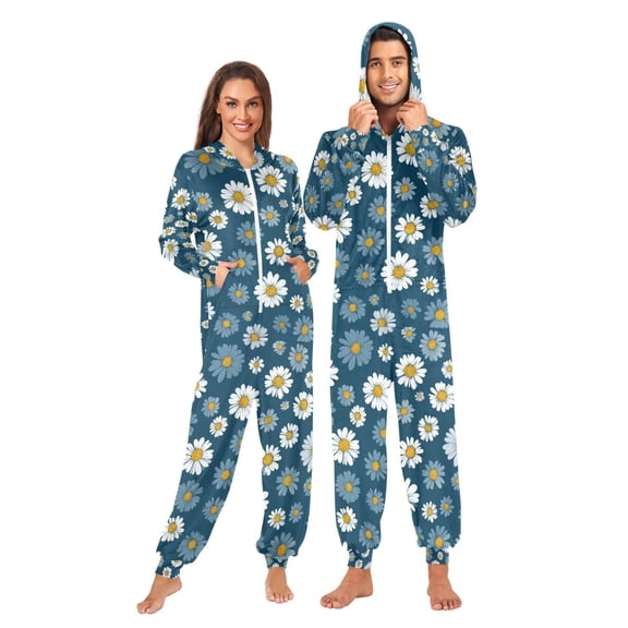 FORMRS Onesies Pajama for Adults Unisex Hoodie Winter Jumpsuit One Piece Sleepwear, Sizes S-2XL, Green Daisy Pattern