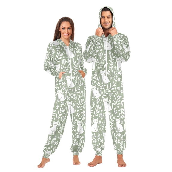 FORMRS Onesies Pajama for Adults Unisex Hoodie Winter Jumpsuit One Piece Sleepwear, Sizes S-2XL, Green Floral Cat Pattern