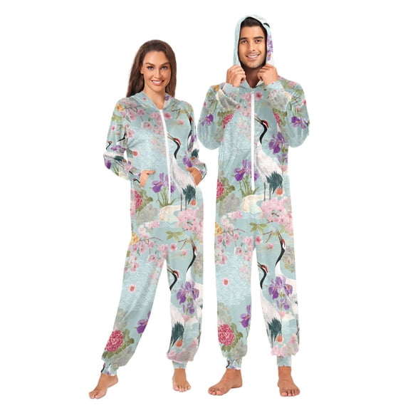 FORMRS Onesies Pajama for Adults Unisex Hoodie Winter Jumpsuit One Piece Sleepwear, Sizes S-2XL, Green Floral Cranes Pattern