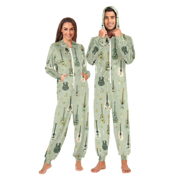 FORMRS Onesies Pajama for Adults Unisex Hoodie Winter Jumpsuit One Piece Sleepwear, Sizes S-2XL, Green Floral Guitar Pattern
