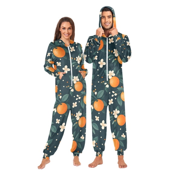 FORMRS Onesies Pajama for Adults Unisex Hoodie Winter Jumpsuit One Piece Sleepwear, Sizes S-2XL, Green Floral Oranges
