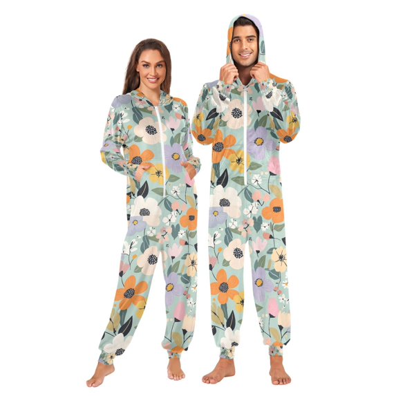 FORMRS Onesies Pajama for Adults Unisex Hoodie Winter Jumpsuit One Piece Sleepwear, Sizes S-2XL, Green Floral Pattern