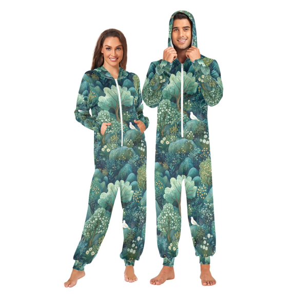 FORMRS Onesies Pajama for Adults Unisex Hoodie Winter Jumpsuit One Piece Sleepwear, Sizes S-2XL, Green Forest Pattern
