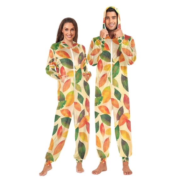 FORMRS Onesies Pajama for Adults Unisex Hoodie Winter Jumpsuit One Piece Sleepwear, Sizes S-2XL, Green Retro Autumn Leaves