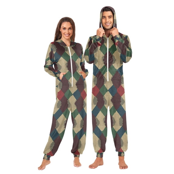 FORMRS Onesies Pajama for Adults Unisex Hoodie Winter Jumpsuit One Piece Sleepwear, Sizes S-2XL, Green Tartan Pattern