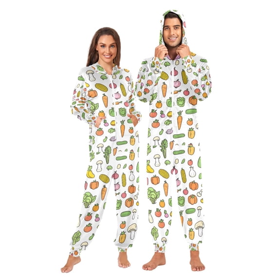 FORMRS Onesies Pajama for Adults Unisex Hoodie Winter Jumpsuit One Piece Sleepwear, Sizes S-2XL, Green Vegetables Pattern