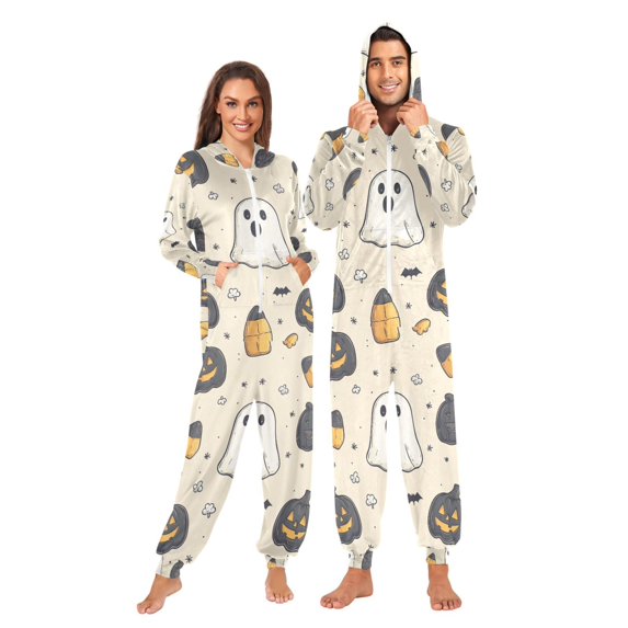 FORMRS Onesies Pajama for Adults Unisex Hoodie Winter Jumpsuit One Piece Sleepwear, Sizes S-2XL, Halloween Black Pumpkins