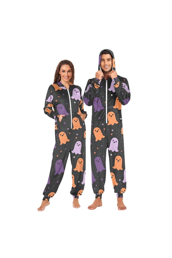 Onesies Pajama for Adults Unisex Hoodie Winter Jumpsuit One Piece Sleepwear, Sizes S-2XL, Halloween Orange Ghosts