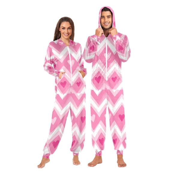 FORMRS Onesies Pajama for Adults Unisex Hoodie Winter Jumpsuit One Piece Sleepwear, Sizes S-2XL, Heart Geometric