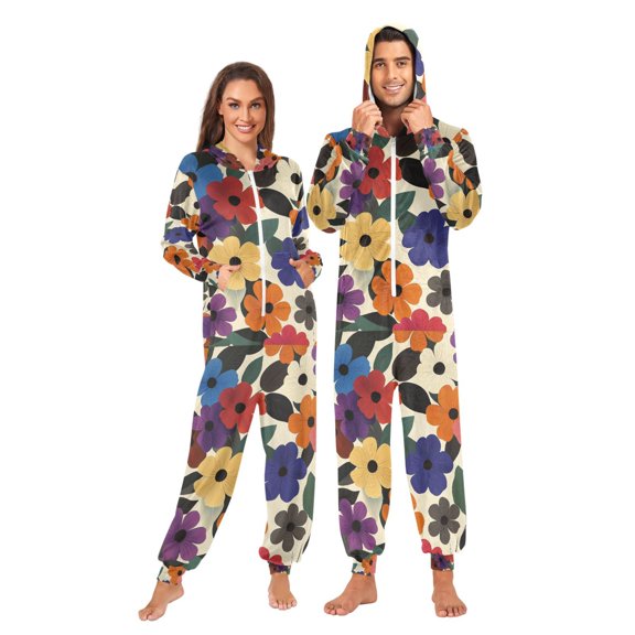 FORMRS Onesies Pajama for Adults Unisex Hoodie Winter Jumpsuit One Piece Sleepwear, Sizes S-2XL, Large Colorful Flowers Pattern