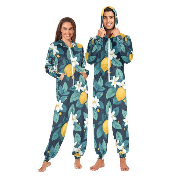 FORMRS Onesies Pajama for Adults Unisex Hoodie Winter Jumpsuit One Piece Sleepwear, Sizes S-2XL, Lemon Leaves