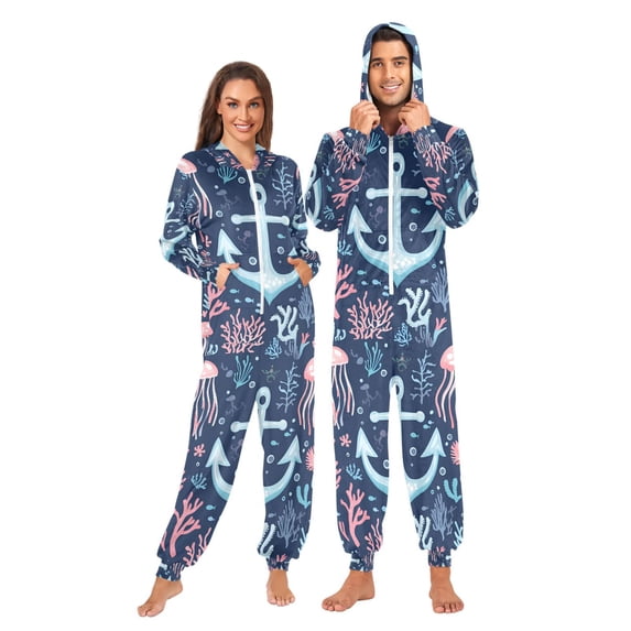 FORMRS Onesies Pajama for Adults Unisex Hoodie Winter Jumpsuit One Piece Sleepwear, Sizes S-2XL, Light Blue Anchor