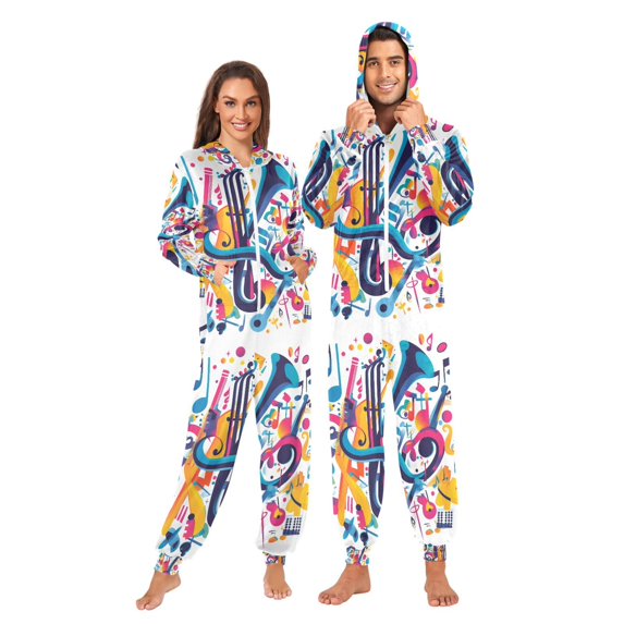 FORMRS Onesies Pajama for Adults Unisex Hoodie Winter Jumpsuit One Piece Sleepwear, Sizes S-2XL, Musical Pattern