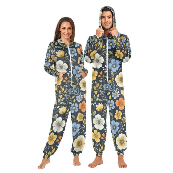 FORMRS Onesies Pajama for Adults Unisex Hoodie Winter Jumpsuit One Piece Sleepwear, Sizes S-2XL, Navy Floral Pattern