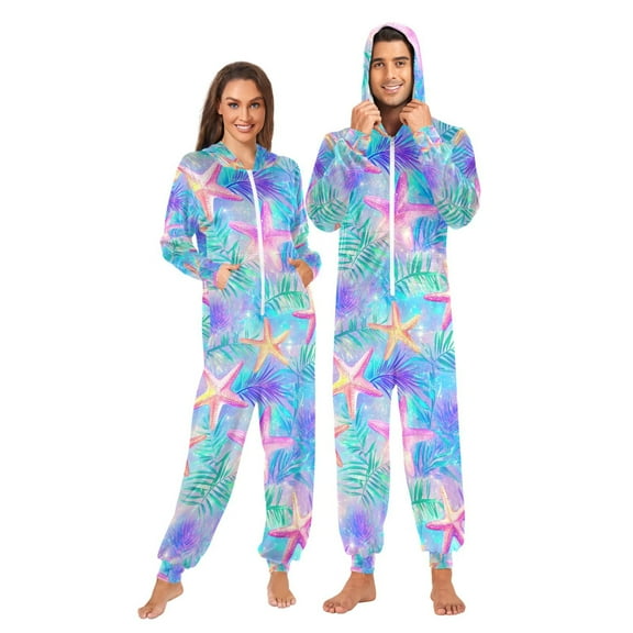 FORMRS Onesies Pajama for Adults Unisex Hoodie Winter Jumpsuit One Piece Sleepwear, Sizes S-2XL, Neon Starfish Pattern