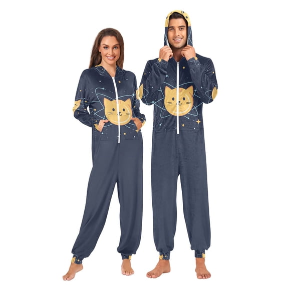 FORMRS Onesies Pajama for Adults Unisex Hoodie Winter Jumpsuit One Piece Sleepwear, Sizes S-2XL, Orange Cat Planet