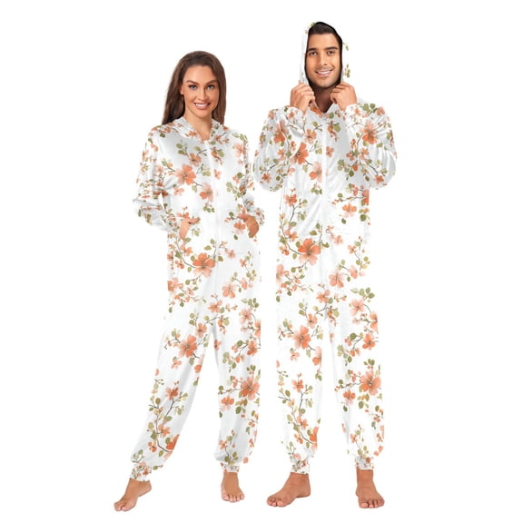 FORMRS Onesies Pajama for Adults Unisex Hoodie Winter Jumpsuit One Piece Sleepwear, Sizes S-2XL, Orange Floral Blooms
