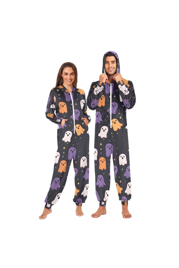 Onesies Pajama for Adults Unisex Hoodie Winter Jumpsuit One Piece Sleepwear, Sizes S-2XL, Orange Halloween Ghosts