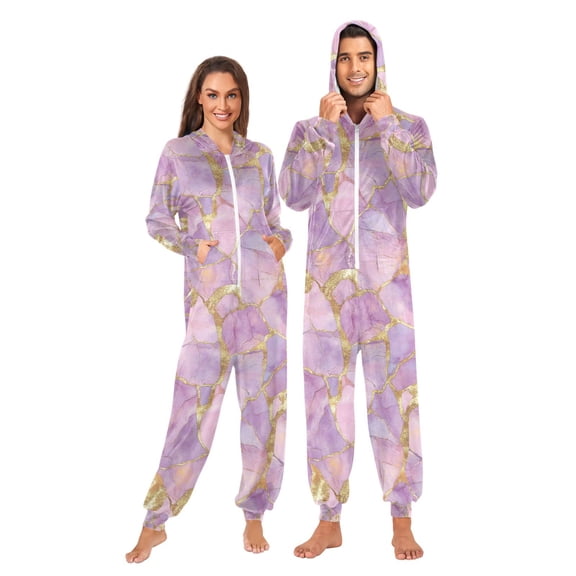 FORMRS Onesies Pajama for Adults Unisex Hoodie Winter Jumpsuit One Piece Sleepwear, Sizes S-2XL, Pastel Pink Marble Pattern