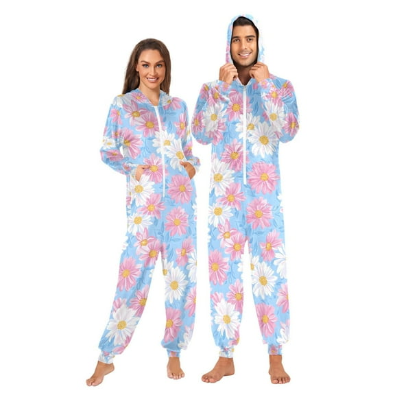 FORMRS Onesies Pajama for Adults Unisex Hoodie Winter Jumpsuit One Piece Sleepwear, Sizes S-2XL, Pink Daisy