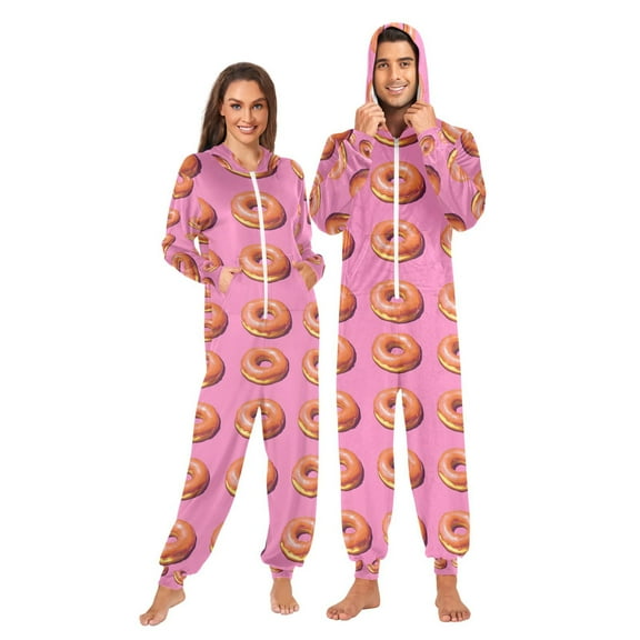 FORMRS Onesies Pajama for Adults Unisex Hoodie Winter Jumpsuit One Piece Sleepwear, Sizes S-2XL, Pink Doughnuts